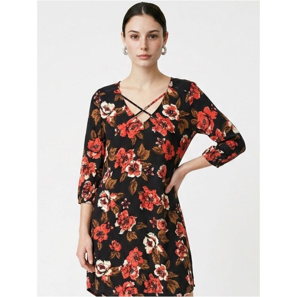 AMUSE SOCIETY | NEW! Floral X Strap Long Sleeve Black Dress Women’s Size Medium